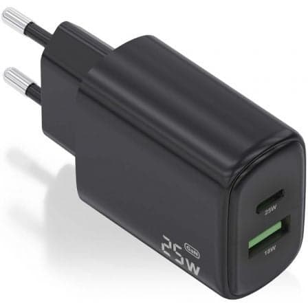Cargador de Pared GaN Aisens A110-0912/ 1xUSB Tipo-C/ 1xUSB/ 25W/ Negro