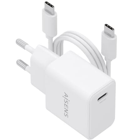 Cargador de Pared GaN Aisens ASCH-20W1P081-W/ 1xUSB Tipo-C/ 20W/ Blanco/ Incluye Cable USB Tipo-C