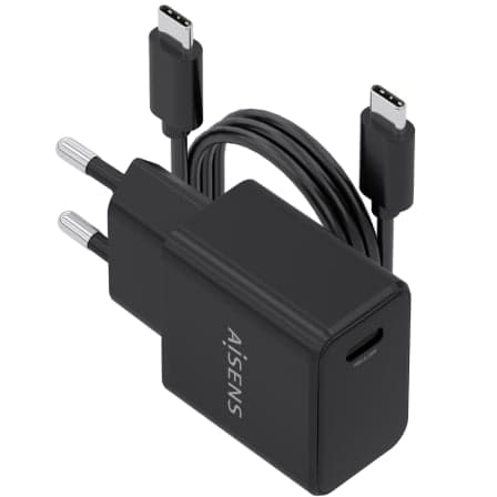 Cargador de Pared GaN Aisens ASCH-20W1P082-BK/ 1xUSB Tipo-C/ 20W/ Incluye Cable USB Tipo-C