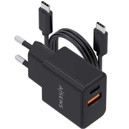 Cargador de Pared GaN Aisens ASCH-20W2P084-BK/ 1xUSB Tipo-C/ 1xUSB/ 20W/ Incluye Cable USB Tipo-C