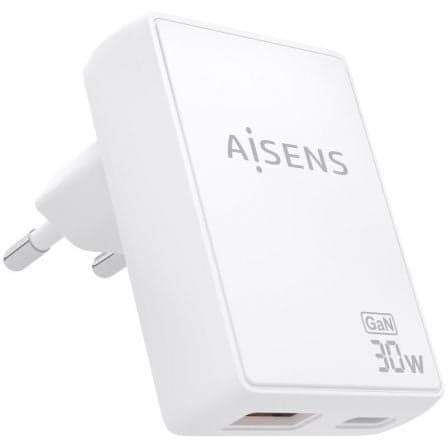 Cargador de Pared GaN Aisens ASCH-30W2P074-W/ 1xUSB Tipo-C/ 1xUSB/ 30W/ Blanco