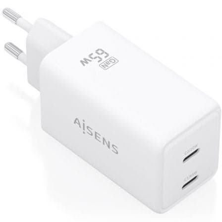 Cargador de Pared GaN Aisens ASCH-65W2P078-W/ 2xUSB Tipo-C/ 65W/ Blanco