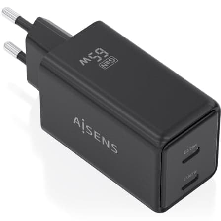 Cargador de Pared GaN Aisens ASCH-65W2P079-BK/ 2xUSB Tipo-C/ 65W/ Negro