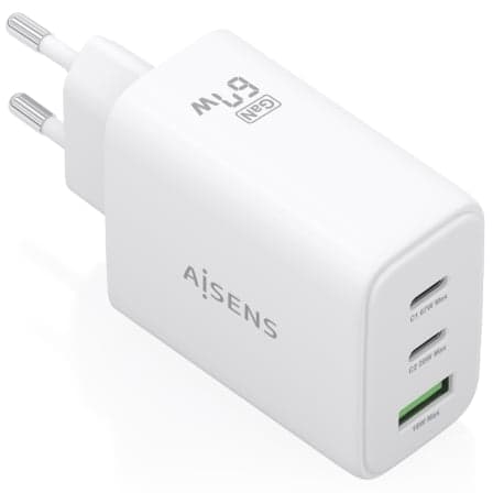 Cargador de Pared GaN Aisens ASCH-67W3P086-W/ 2xUSB Tipo-C/ 1xUSB/ 67W/ Blanco