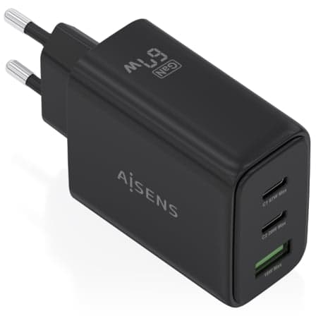 Cargador de Pared GaN Aisens ASCH-67W3P087-BK/ 2xUSB Tipo-C/ 1xUSB/ 67W