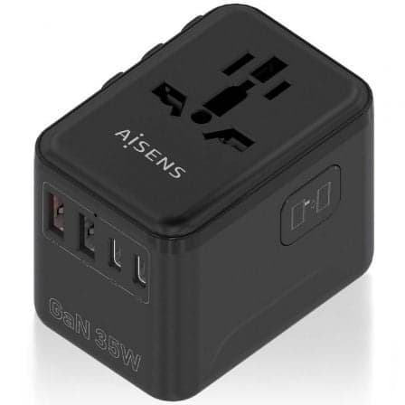 Cargador de Pared Universal GaN para Viaje Aisens ASPS-2A3C09-BK/ Toma de Corriente Universal/ 3xUSB Tipo-C/ 2xUSB/ 35W