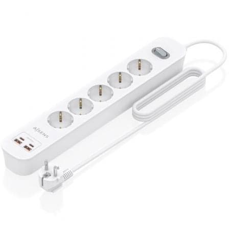 Regleta con Interruptor Aisens ASPS-2A2C14-W/ 5 Tomas de Corriente/ 2 USB - 2 USB Tipo-C/ Cable 1.4m/ Blanco