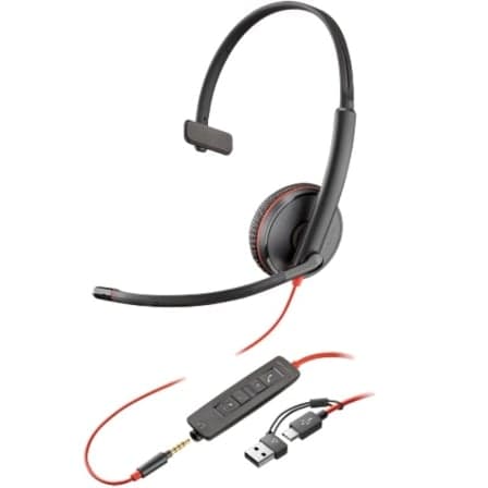 Auricular Poly Blackwire 3215 + Adaptador USB-C/A/ con Micrófono/ Jack 3.5mm/ Negro