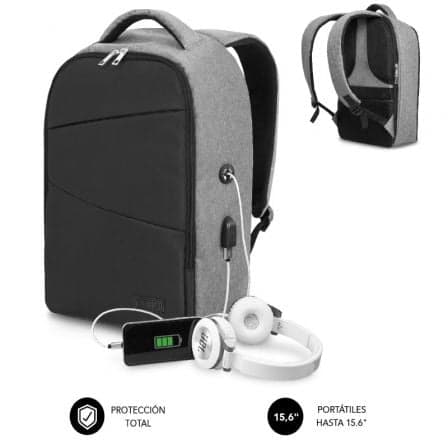 Mochila Subblim Secure V2 AP para Portátiles hasta 15.6"/ Puerto USB/ Antirrobo/ Repelente al agua/ Cinta para Trolley/ Gris