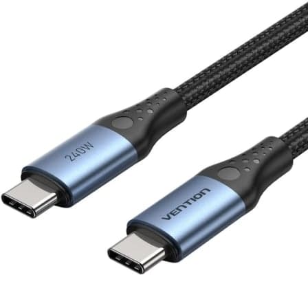 Cable USB 2.0 Tipo-C 5A Vention TREBH/ USB Tipo-C Macho - USB Tipo-C Macho/ Hasta 240W/ 480Mbps/ 2m/ Azul y Negro