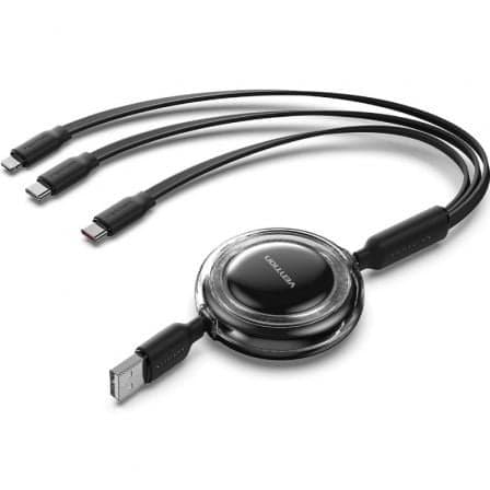 Cable USB Retráctil Vention TRJBBE/ USB Macho - Lightning/ 2xUSB Tipo-C/ Hasta 17.5W/ 10Gbps/ 1.1m/ Negro
