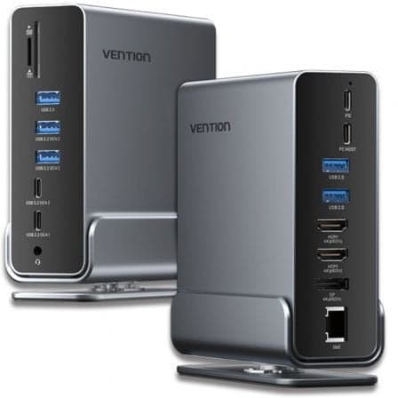 Docking USB Tipo-C Vention TPUH0/ 2xHDMI 4K/ 1xDisplayPort/ 3xUSB Tipo-C/ 5xUSB/ 1xRJ45/ 1xLector de Tarjetas/ 1xJack 3.5/ 1xUSB Tipo-C PD/ Gris