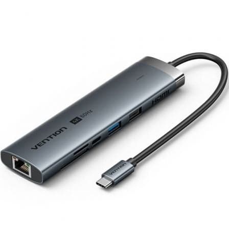 Docking USB Tipo-C Vention TGUHB/ RJ45/ 2xUSB/ 1xUSB Tipo-C/ 1xHDMI/ 1xUSB Tipo-C PD/ 1xLector de Tarjetas/ Gris