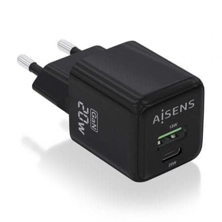 Cargador de Pared GaN Aisens ASCH-20W2P011-BK/ 1xUSB Tipo-C/ 1xUSB/ 20W