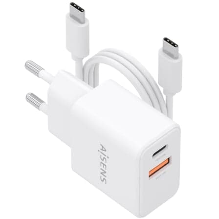 Cargador de Pared GaN Aisens ASCH-20W2P083-W/ 1xUSB Tipo-C/ 1xUSB/ 20W/ Blanco/ Incluye Cable USB Tipo-C
