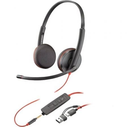Auriculares Poly Blackwire 3225 + 3.5 mm + Adaptador USB-C/A/ con Micrófono/ Jack 3.5 - USB Tipo-C/ Bulk/ Negros